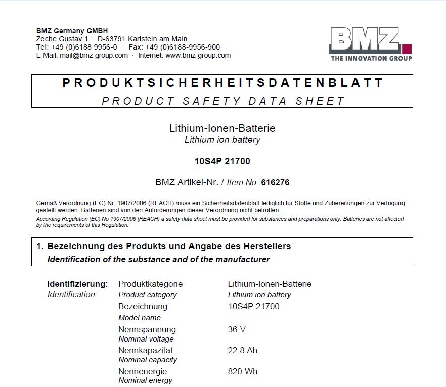 Sicherheitsdatenblatt Akku BMZ 820 Wh